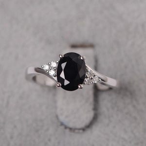 Black spinel ring sterling silver engagement ring for women oval cut black gemstone ring