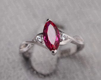 Infinity birthstone ring marquise cut  silver vertical ruby engagement ring July birthstone