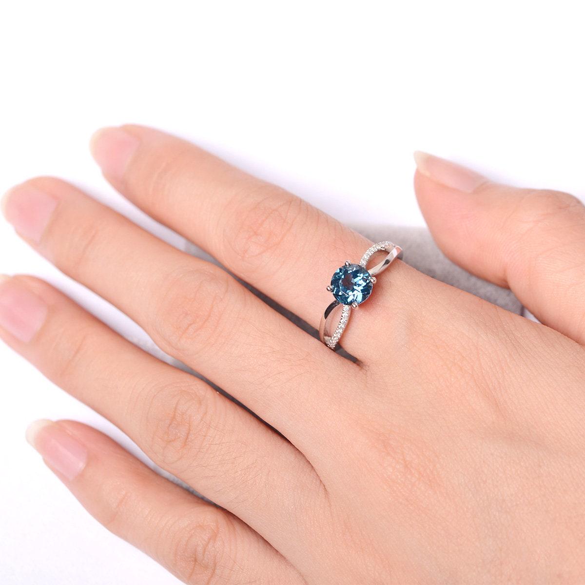 London Blue Topaz Ring Round Cut Blue Gemstone Sterling Silver ...