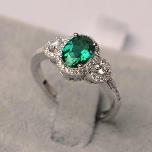 emerald ring oval cut engagement ring May birthstone ring halo ring