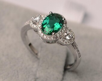 emerald ring oval cut engagement ring May birthstone ring halo ring