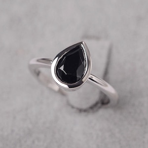 Black spinel ring pear cut sterling silver solitaire gemstone ring for women