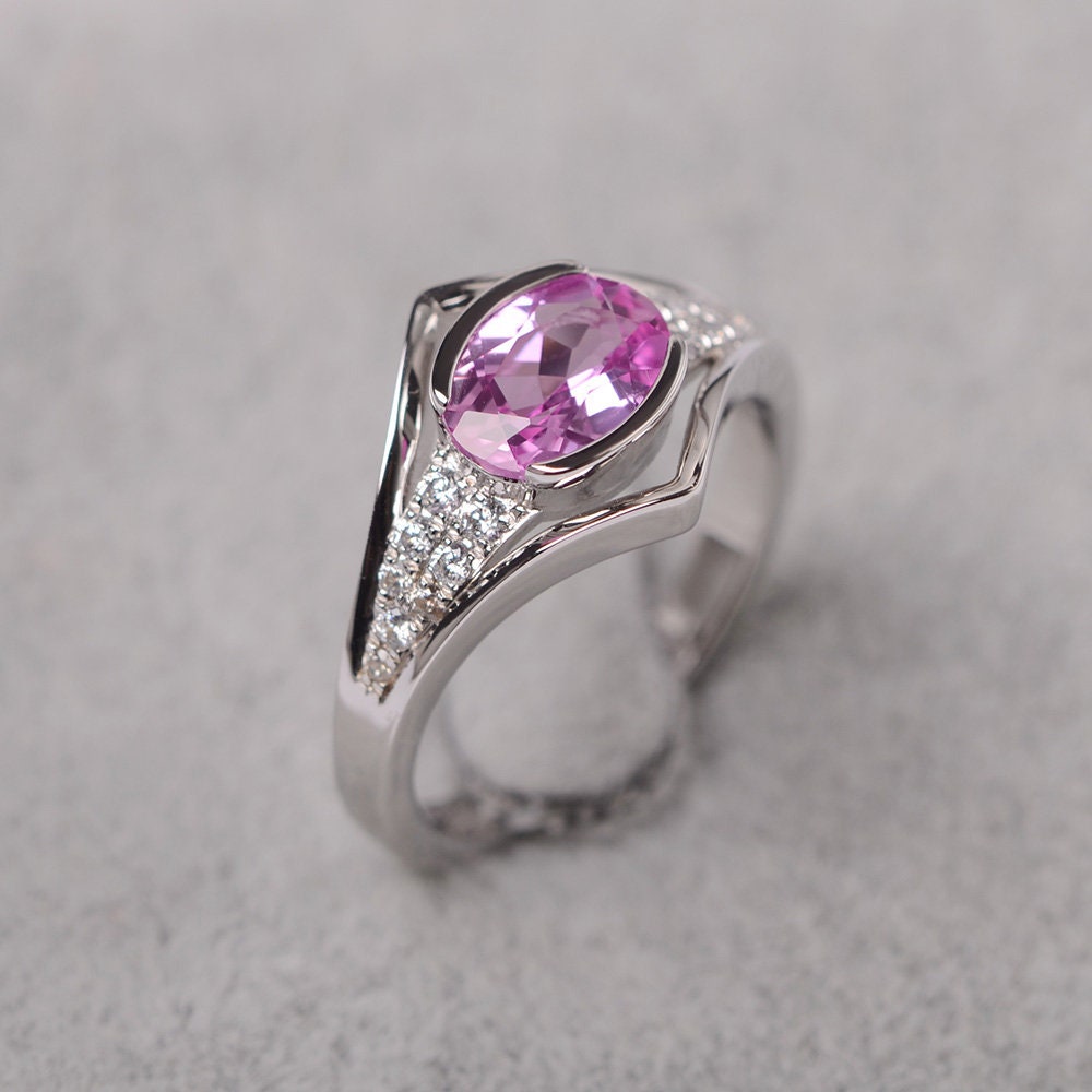 Pink Sapphire Ring Oval Cut Pink Stone Ring Silver Wedding - Etsy