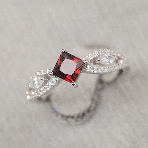 red garnet ring princess cut January birthstone ring silver 925 engagement ring for women