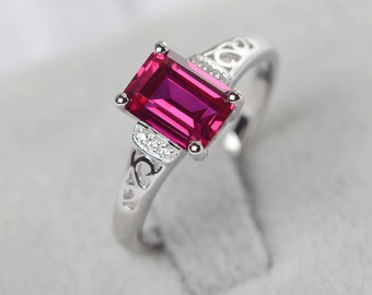 Lab ruby ring silver emerald cut engagement ring July birthstone