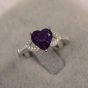 Purple amethyst ring hear cut February birthstone ring sterling silver engagement ring for women