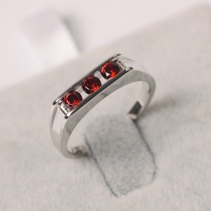 Garnet ring three stone January birthstone ring white gold engagement band ring for women