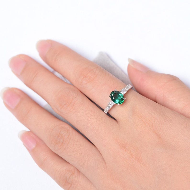 Lab emerald ring oval cut green stone ring May birthstone sterling silver engagement ring for women image 4