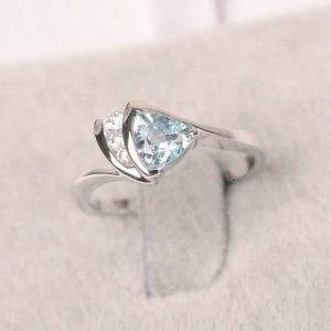 Aquamarine ring March birthstone sterling silver engagement ring trillion cut gemstone ring