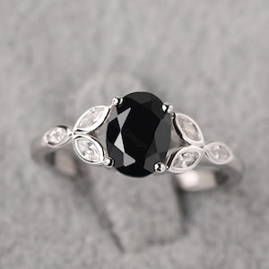 Split shank black spinel engagement ring sterling silver oval shaped 6x8 mm black stone leafs ring
