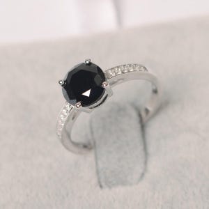 Black spinel ring sterling silver wedding ring round cut black gemstone ring