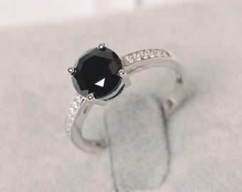 Black spinel ring sterling silver wedding ring round cut black gemstone ring