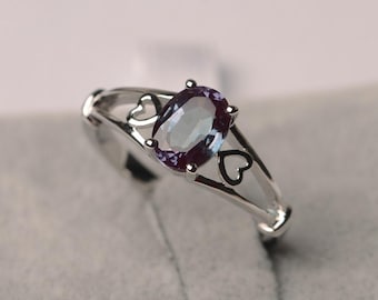 Alexandrite ring oval cut Jun birthstone silver solitaire engagement ring for women