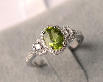 Natural peridot ring August birthstone ring oval cut engagement ring sterling silver