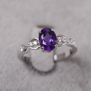 Amethyst ring sterling silver engagement ring for women oval cut purple natural gemstone ring
