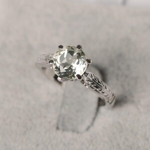 Round cut green amethyst ring sterling silver engagement ring for women