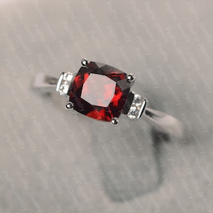 garnet ring January birthstone white gold engagement ring for women cushion cut red stone ring