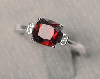 garnet ring January birthstone white gold engagement ring for women cushion cut red stone ring