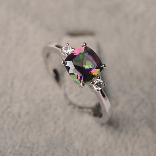 Mystic topaz ring cushion cut ring in sterling silver ring engagement for women