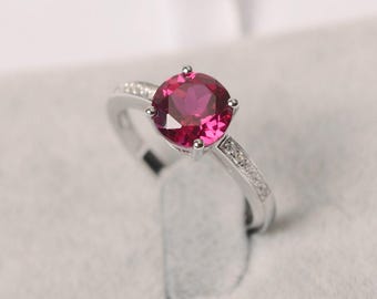 Ruby ring round cut sterling silver engagement ring July birthstone ring