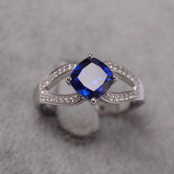 Sapphire ring white gold anniversary ring cushion cut blue stone September birthstone ring