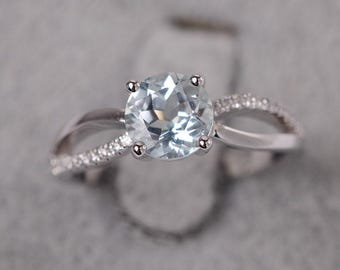 Round cut aquamarine ring March birthstone white gold engagement ring