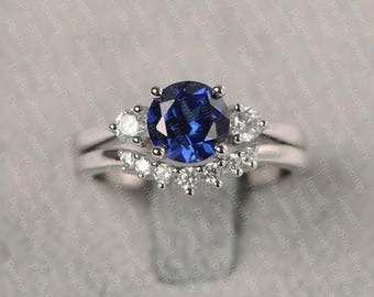 Blue sapphire ring round cut sterling silver engagement rings bridal set September birthstone