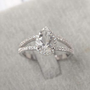 Natural white topaz ring pear cut halo ring topaz gold ring November birthstone delicate engagement ring