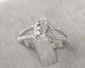 White Topaz Pear Halo Ring, November Birthstone