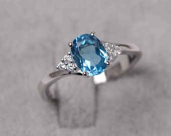 Swiss blue topaz ring  engagement silver oval cut  blue gemstone party ring for girl