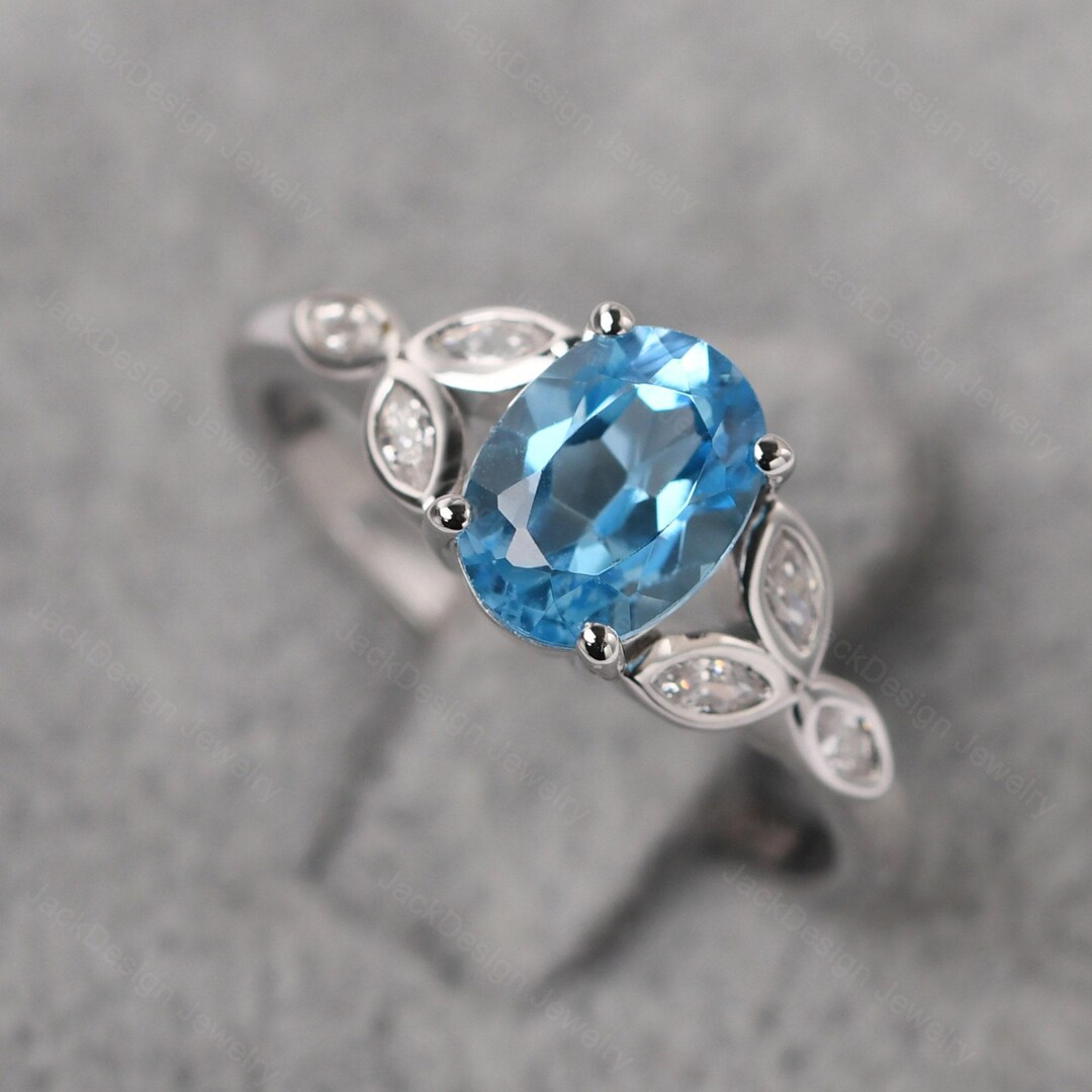 Swiss Blue Topaz Statement Ring Oval Shaped Sterling Silver Leaf ...