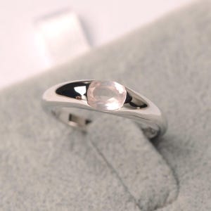 Pink quartz ring sterling silver solitaire engagement ring oval cut half bezel ring
