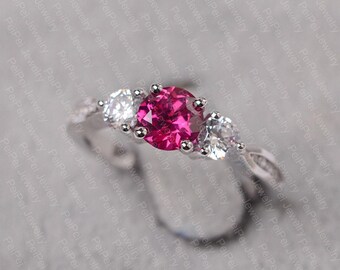 Red ruby ring sterling silver engagement ring for women round cut July birthstone ring