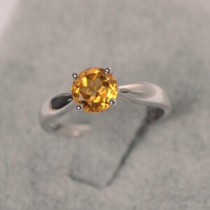 Citrine ring sterling silver solitaire engagement ring November Birthstone round cut yellow gemstone ring