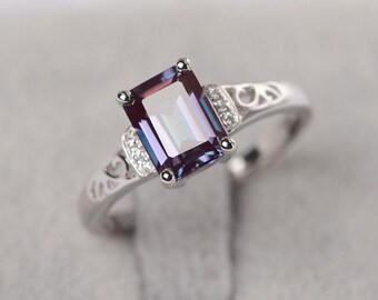 Alexandrite wedding ring white gold emerald cut engagement ring for women June birthstone