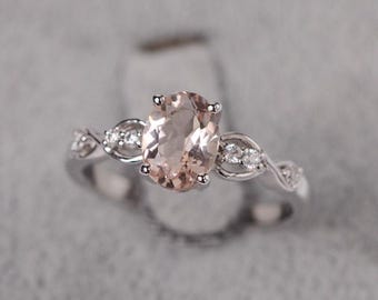 Morganite ring oval cut stone ring sterling silver engagement ring for women