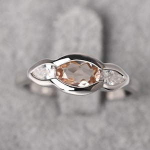 Simple Morganite Anniversary Ring Sterling Silver Oval Shaped Pink Stone Multi Stone Ring