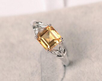 Citirne ring sterling silver engagement ring square cut yellow gemstone November Birthstone ring