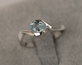 Aquamarine ring March birthstone pear cut white gold solitaire engagement ring for women