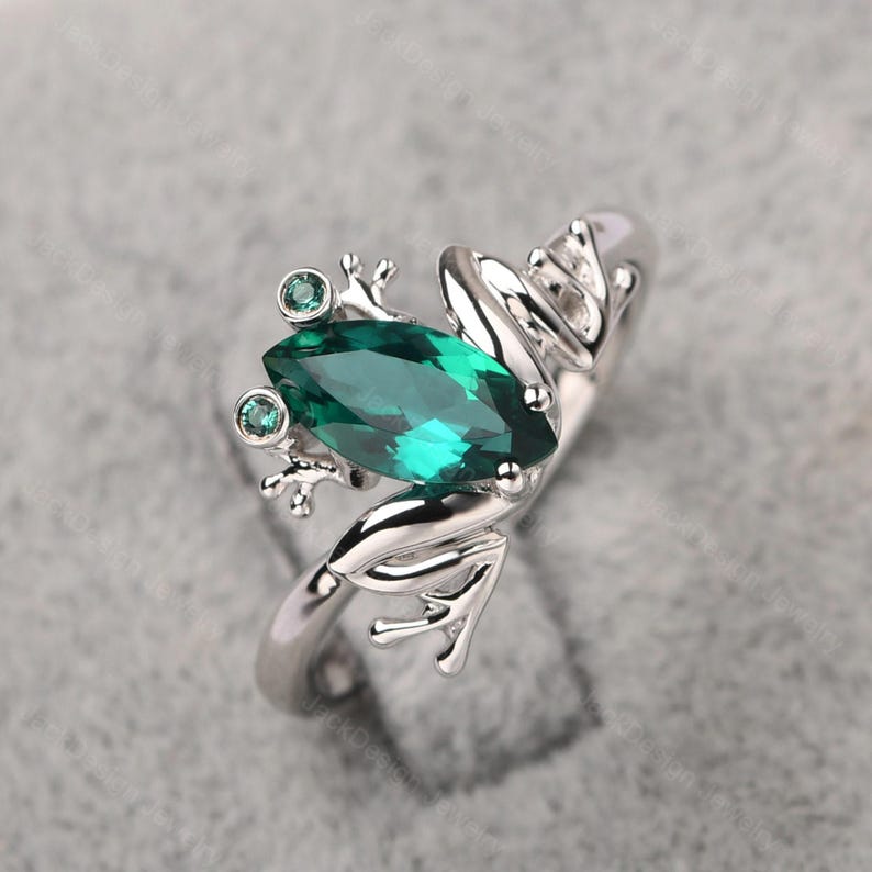 Green frog ring sterling silver May birthstone ring marquise cut emerald engagement ring image 2