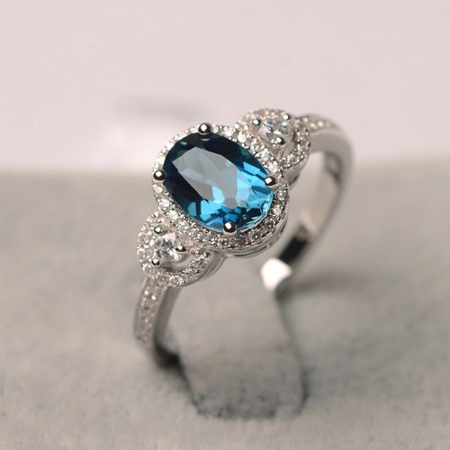 London Blue Topaz Ring Halo Engagement Ring White Gold Ring - Etsy