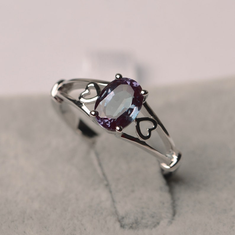 Alexandrite ring oval cut Jun birthstone silver solitaire engagement ring for women