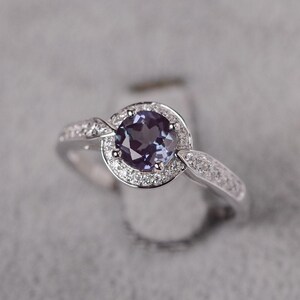 Alexandrite ring  sterling silver halo engagement ring for women round cut gemstone June birthstone ring