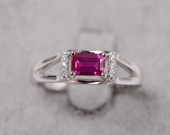 Ruby engagement ring for women sterling silver wedding ring emerald cut July birthstone ring