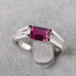 Minimalist Ruby Proposal Ring Sterling Silver Emerald Cut 5x7 mm July Birthstone Ring
