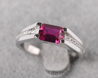 Minimalist Ruby Proposal Ring Sterling Silver Emerald Cut 5x7 mm July Birthstone Ring