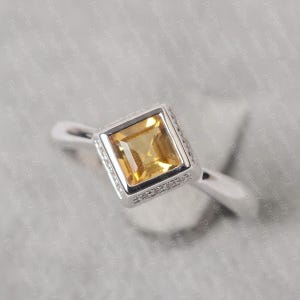 Yellow citrine ring sterling silver engagement ring for women square cut November Birthstone ring
