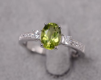 Oval cut peridot ring August birthstone sterling silver engagement ring for women