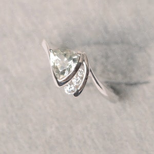 Green amethyst ring trillion cut sterling silver wedding ring for women