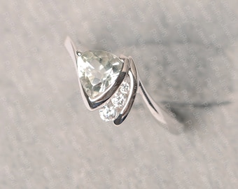 Green amethyst ring trillion cut sterling silver wedding ring for women